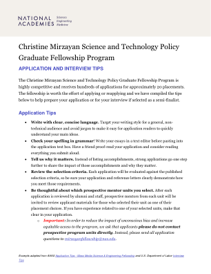 申请和面试提示 Christine Mirzayan 科学与技术政策研究生奖学金计划是